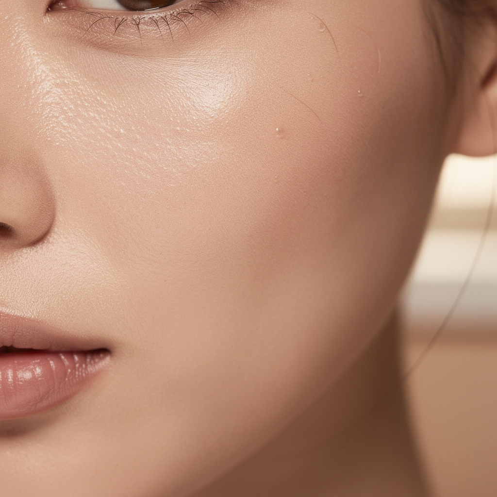 Close-up of healthy glowing facial skin showing smooth texture and natural radiance, soft natural lighting, clean beauty aesthetic