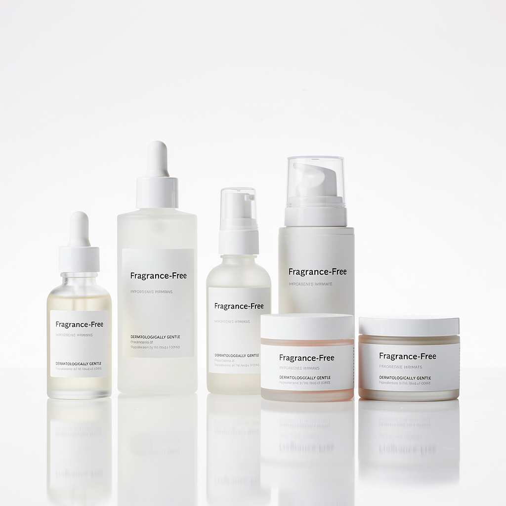 Collection of minimal skincare product bottles with clean labels on a white background, fragrance-free concept, professional product photography