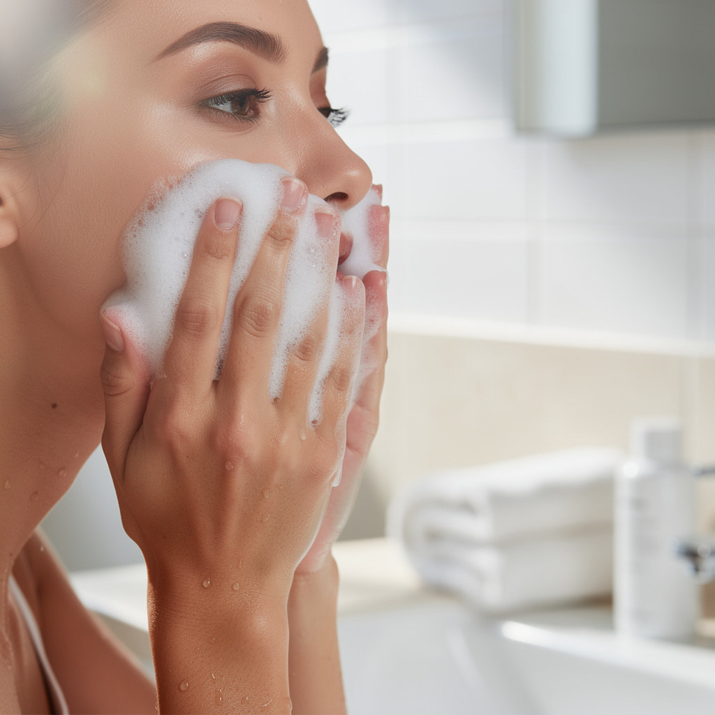 Woman washing face with gentle cleanser in bathroom, hands applying facial wash with water, clean natural beauty routine, bright and fresh atmosphere