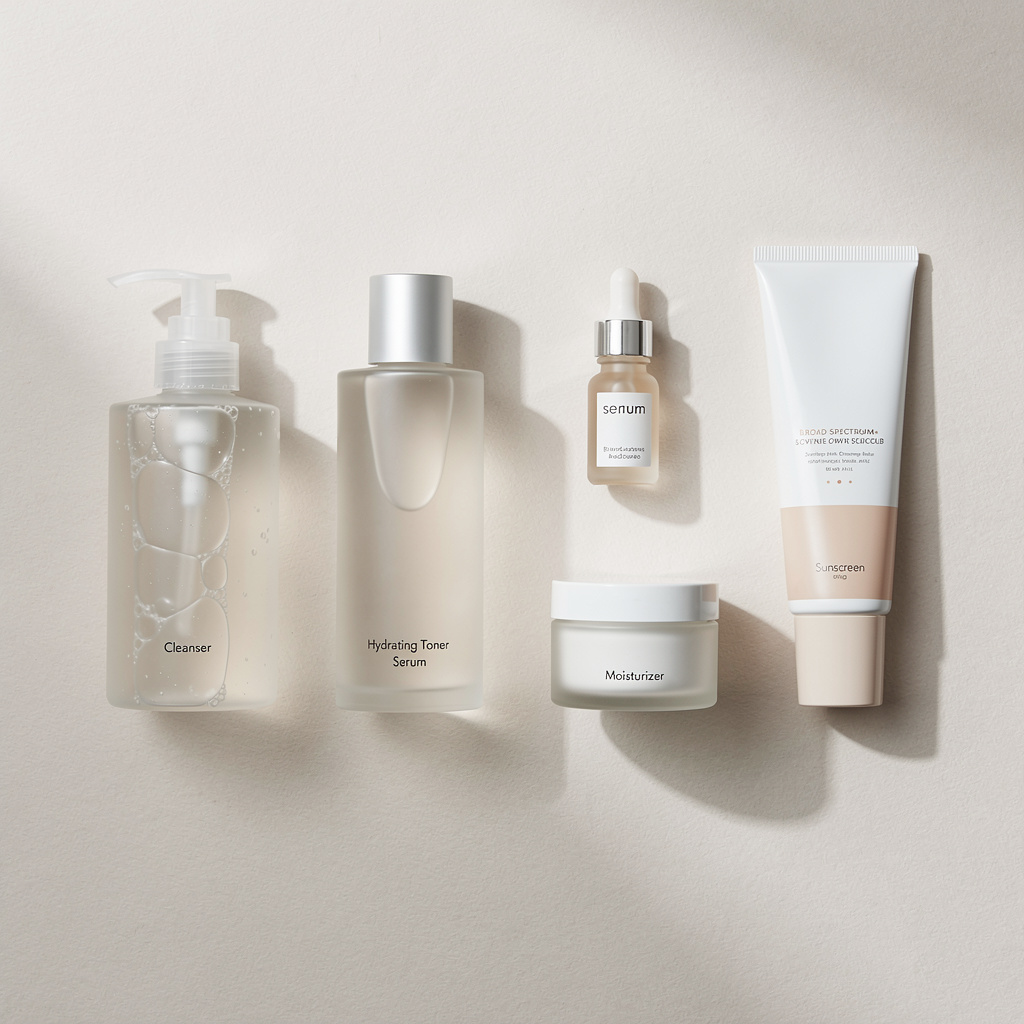 Overhead view of complete skincare routine products arranged neatly on clean surface, cleanser moisturizer sunscreen and treatments, organized beauty routine, minimal aesthetic