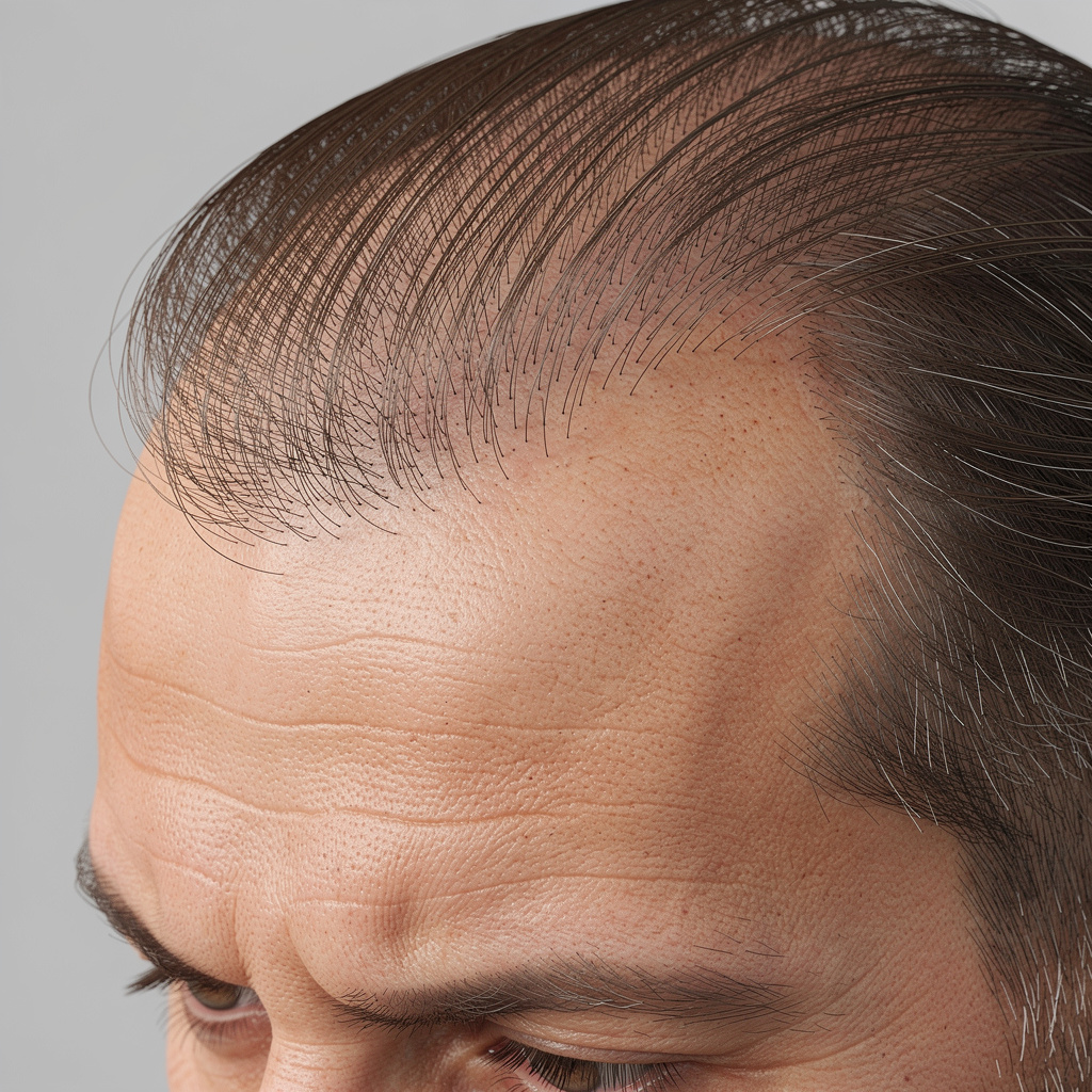 Close-up view of a man's scalp showing hair thinning and receding hairline, natural lighting, medical and educational tone