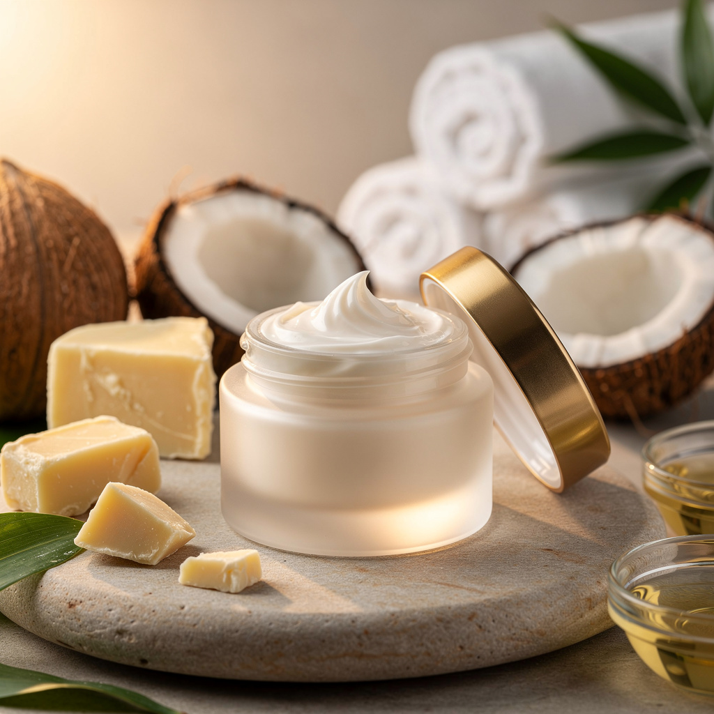 Luxurious moisturizing cream in an elegant jar with a smooth texture, surrounded by natural ingredients like shea butter and coconut oil, soft lighting and spa-like setting