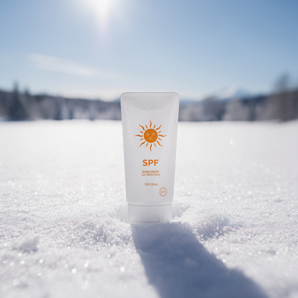 Modern sunscreen bottle on a snowy surface with bright sunlight reflecting off snow, illustrating the importance of UV protection during winter months