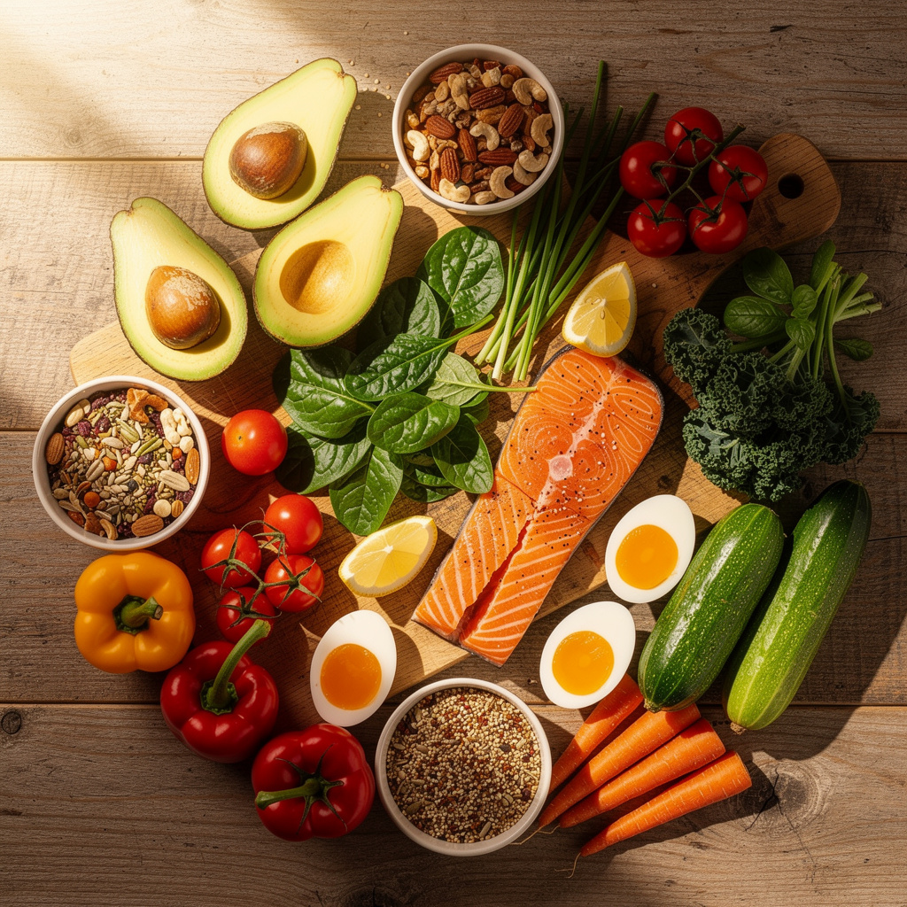 Colorful spread of healthy foods including avocados, nuts, leafy greens, salmon, eggs, and fresh vegetables on a rustic table, representing nutritious eating for skin health