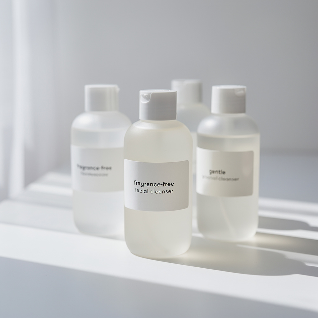 Minimalist bottles of gentle, fragrance-free facial cleansers on a clean white surface with soft natural lighting, emphasizing purity and skin-friendly formulation