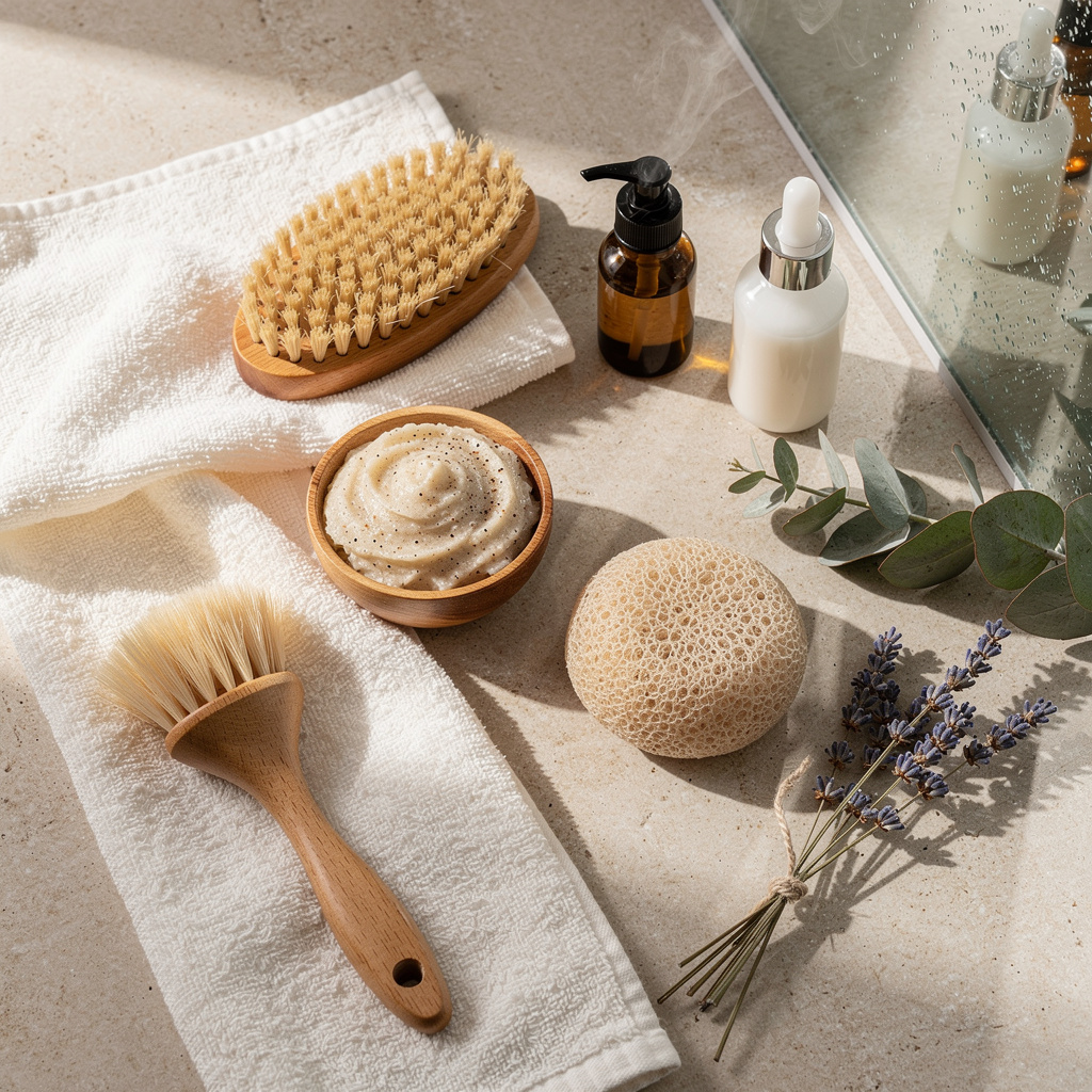 Natural exfoliating products and tools arranged on a spa-like surface, illustrating gentle skincare practices suitable for cold weather