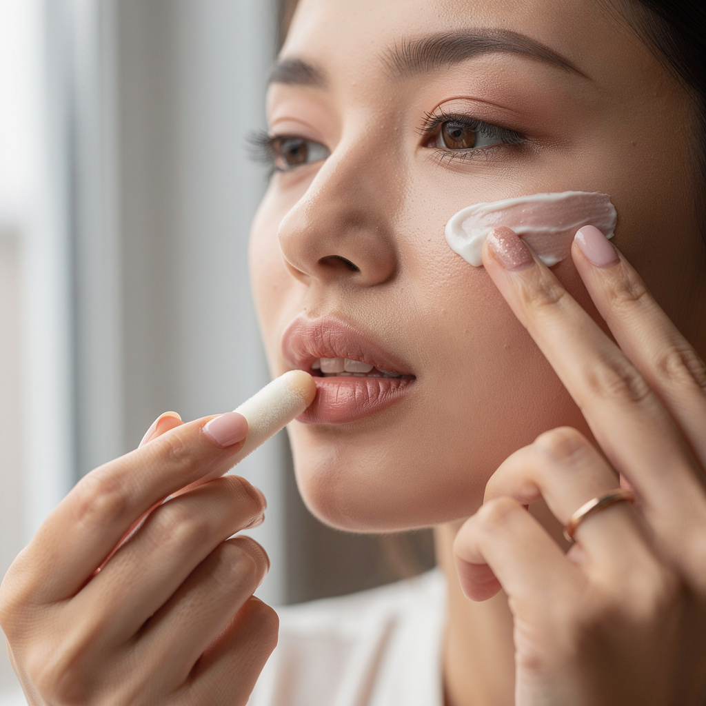 Close-up of a person applying lip balm and eye cream, highlighting the delicate areas that need extra care during cold weather