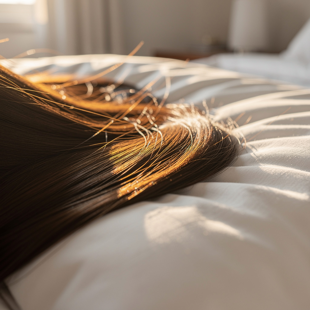 Close-up of healthy, smooth hair strands on a white pillow in soft morning light, showing shine and natural texture, peaceful bedroom setting