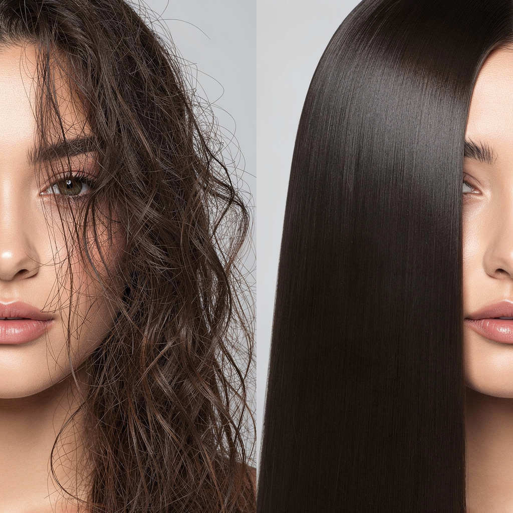 Before and after comparison of hair texture, showing transformation from dry and frizzy to smooth and glossy, side-by-side visual, neutral background