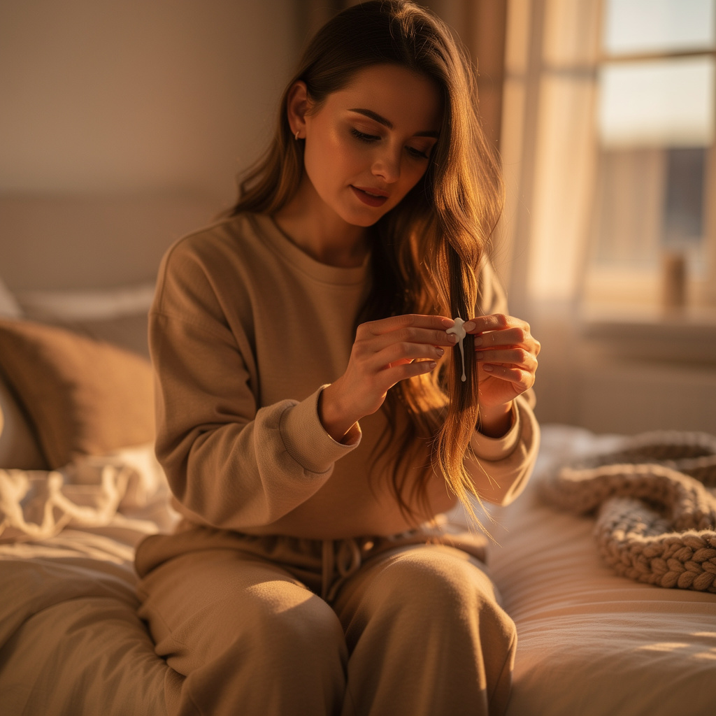 Woman gently applying hair cream to the ends of her hair in a cozy bedroom setting, soft evening light, calm and relaxed atmosphere