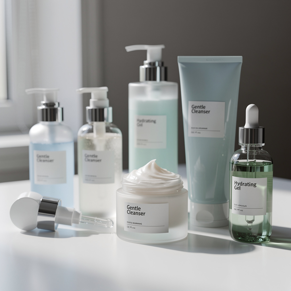 Close-up of various facial cleanser bottles and containers arranged on a clean white surface with soft natural lighting, showing creams, gels, and liquids in modern packaging