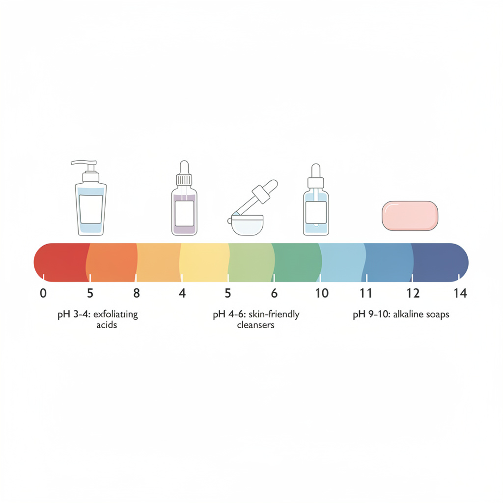Scientific illustration showing pH scale with skin care products, clean and educational style with soft colors and minimalist design