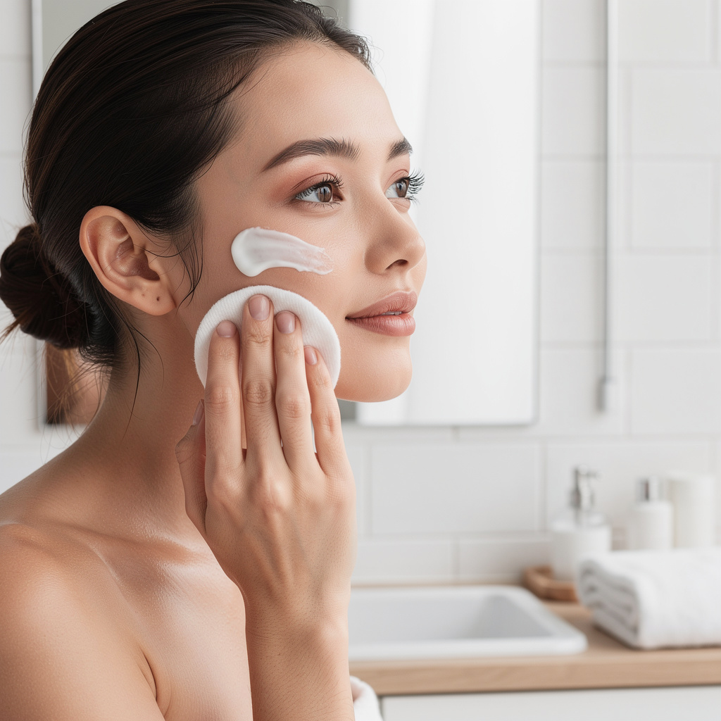 Woman applying creamy white cleansing milk to her face with cotton pad in a bright, clean bathroom setting, serene and natural atmosphere