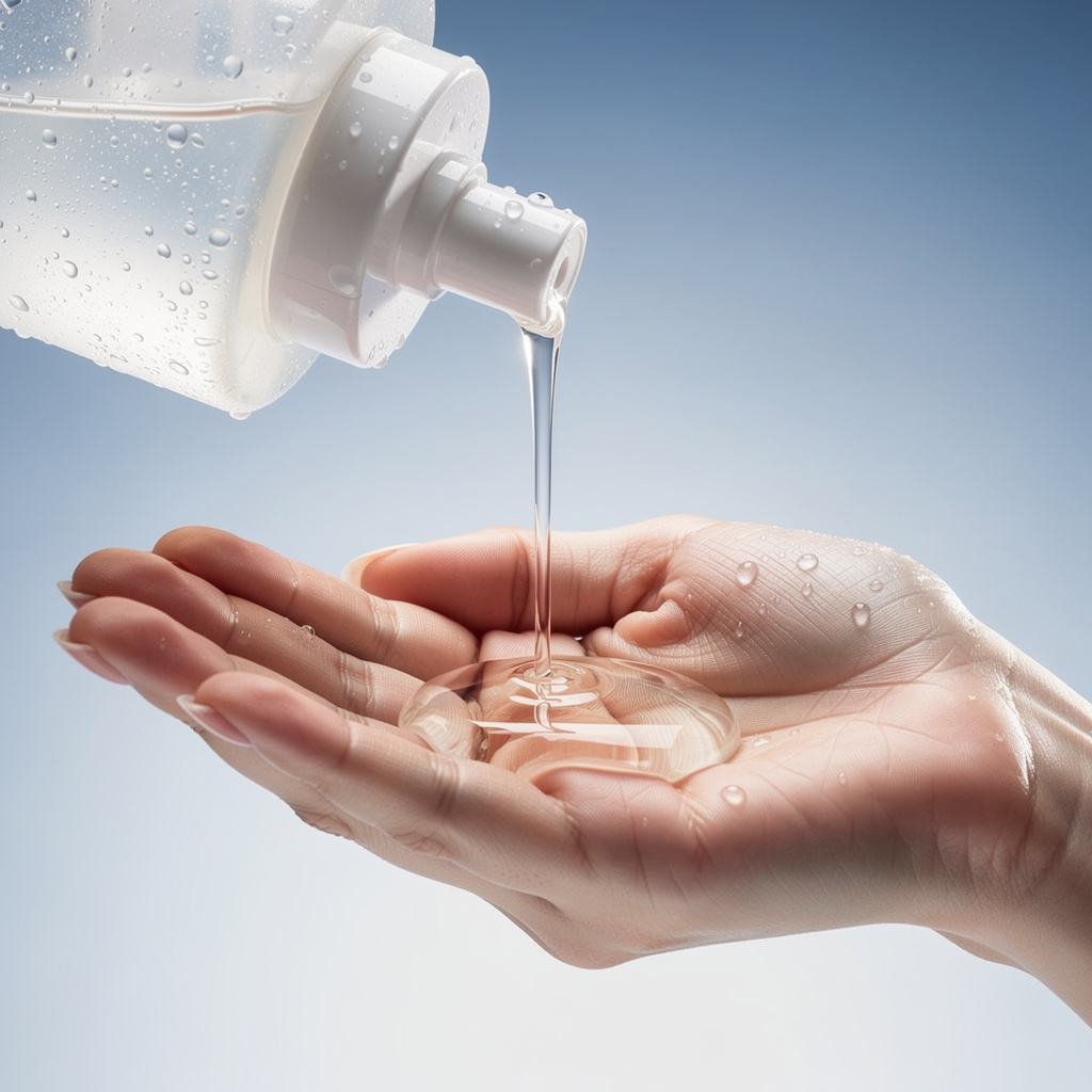 Transparent gel cleanser being dispensed onto hand with water droplets, fresh and clean aesthetic with blue and white tones