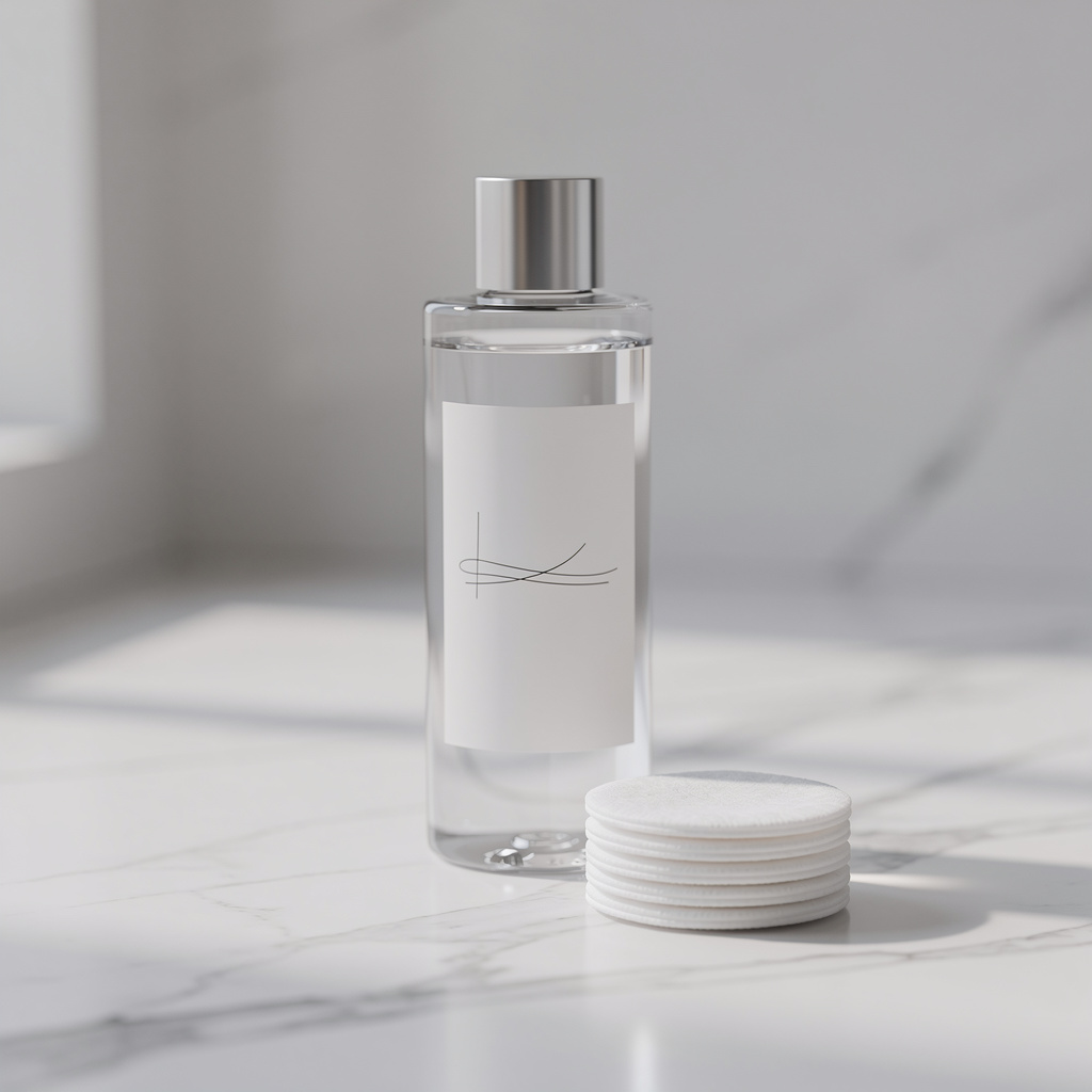 Clear toner bottle with cotton pads on marble surface, fresh and minimalist aesthetic with soft diffused lighting