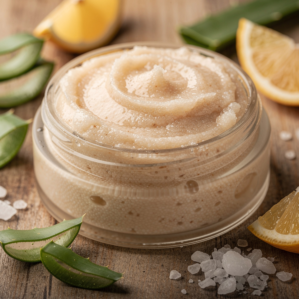 Close-up of facial scrub with visible exfoliating beads in a jar, natural ingredients scattered around, warm and organic aesthetic