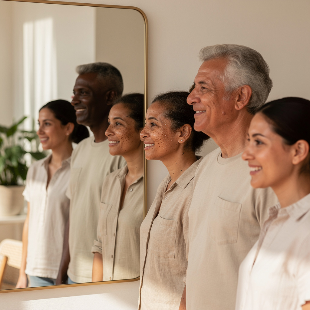 Diverse group of people with different skin types looking at their reflection in mirror, bright and welcoming atmosphere, global and inclusive aesthetic