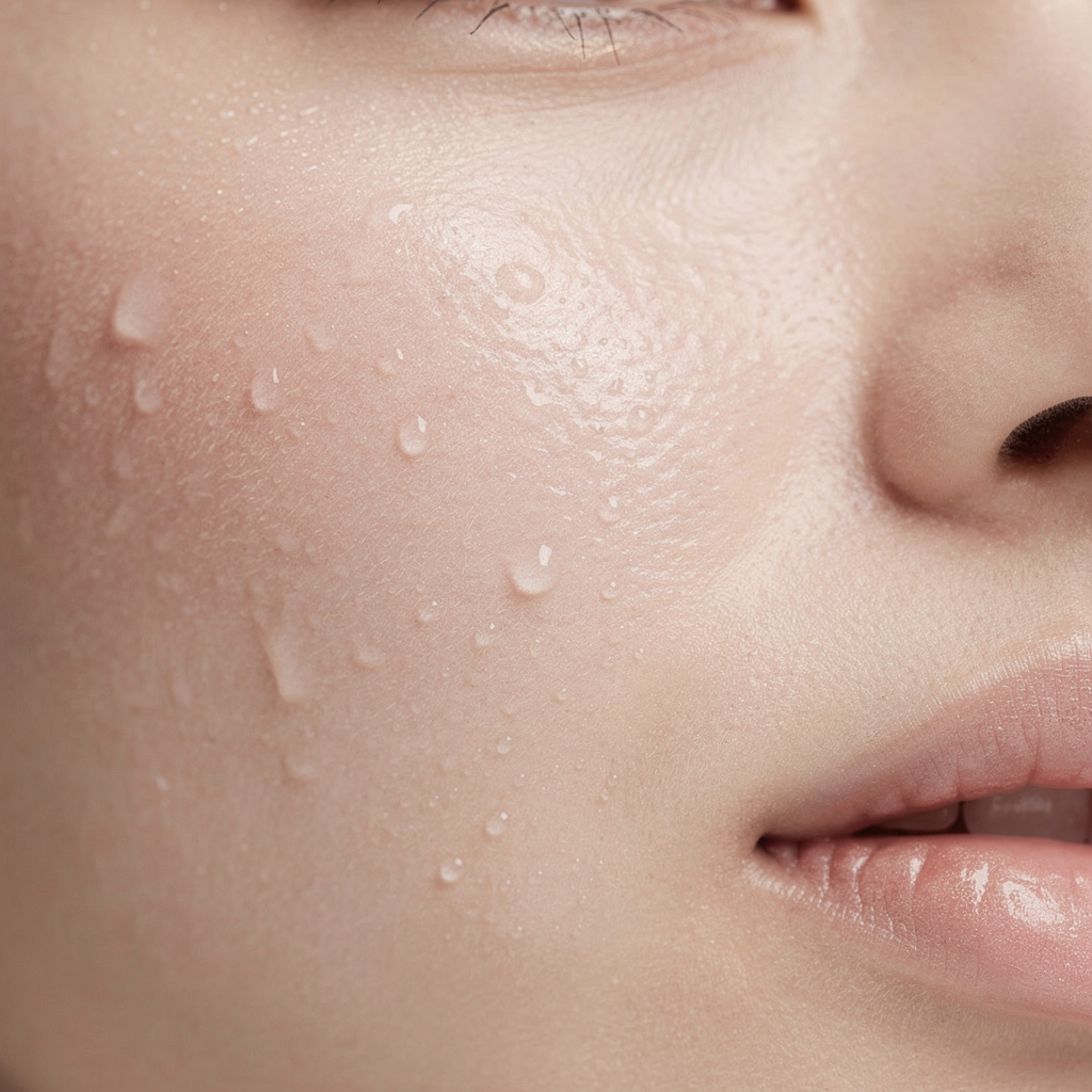 Glowing, healthy skin close-up with water droplets, fresh and radiant complexion, clean and natural beauty aesthetic