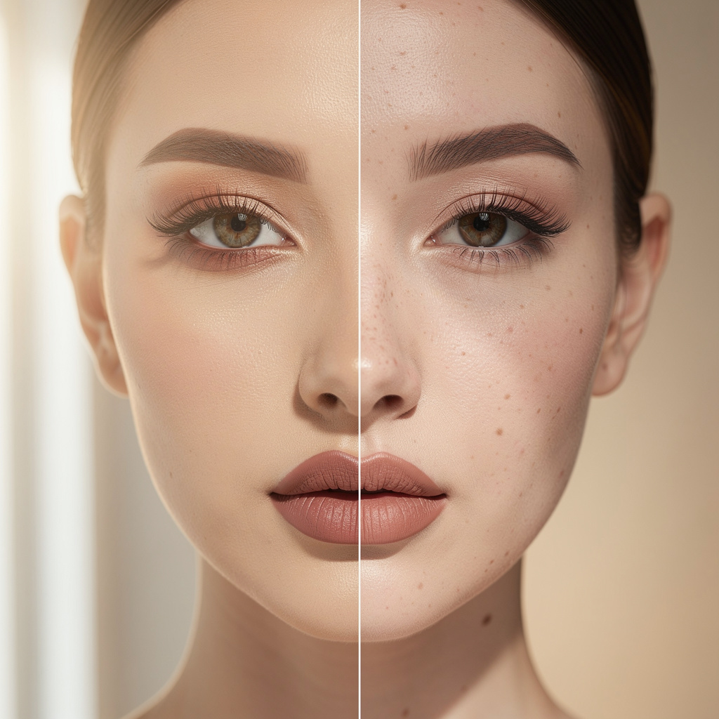 Close-up of a woman's face half covered with makeup and half with clean skin, soft natural lighting, skincare concept, high-quality photographic style