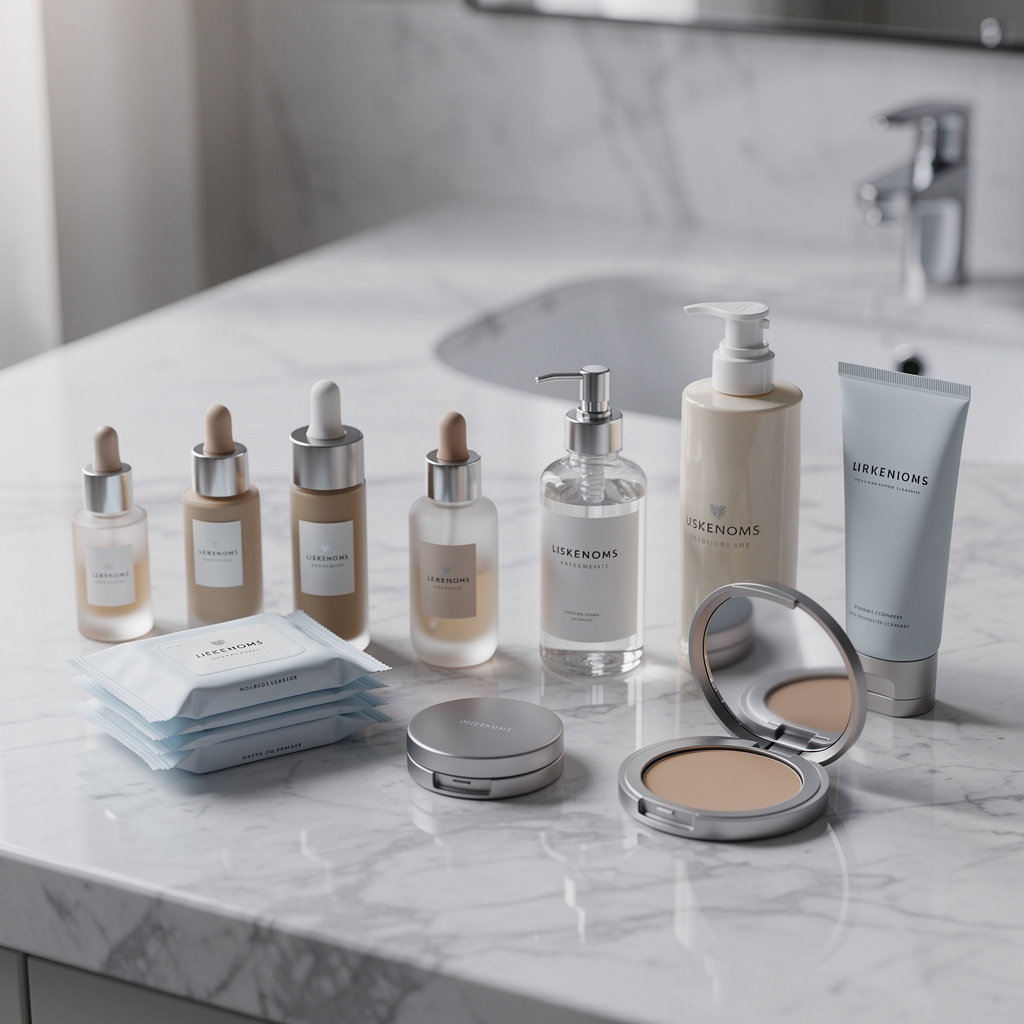 Various foundation bottles and compacts with makeup removal wipes and cleansing products on a clean bathroom counter, organized beauty routine concept
