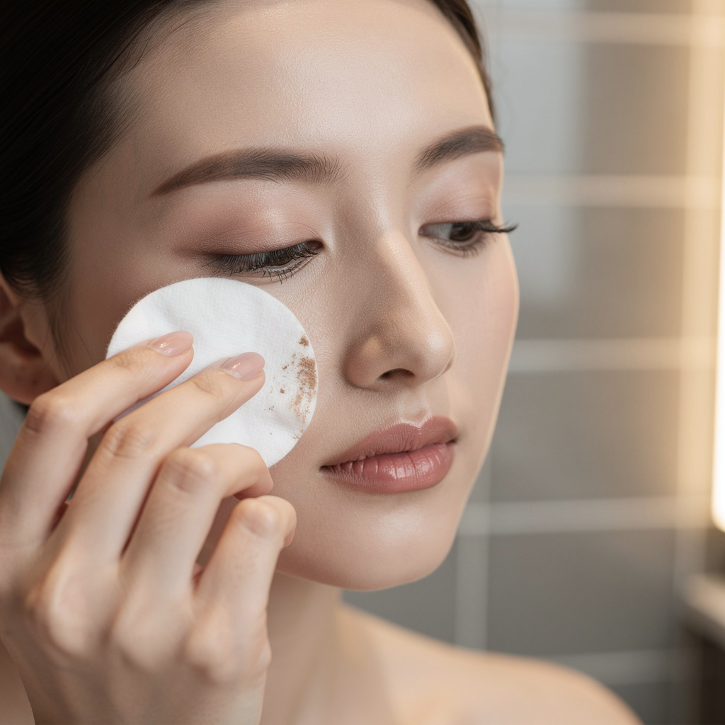Close-up of a woman gently removing eye makeup with a cotton pad, careful skincare routine, soft bathroom lighting, emphasis on gentle technique