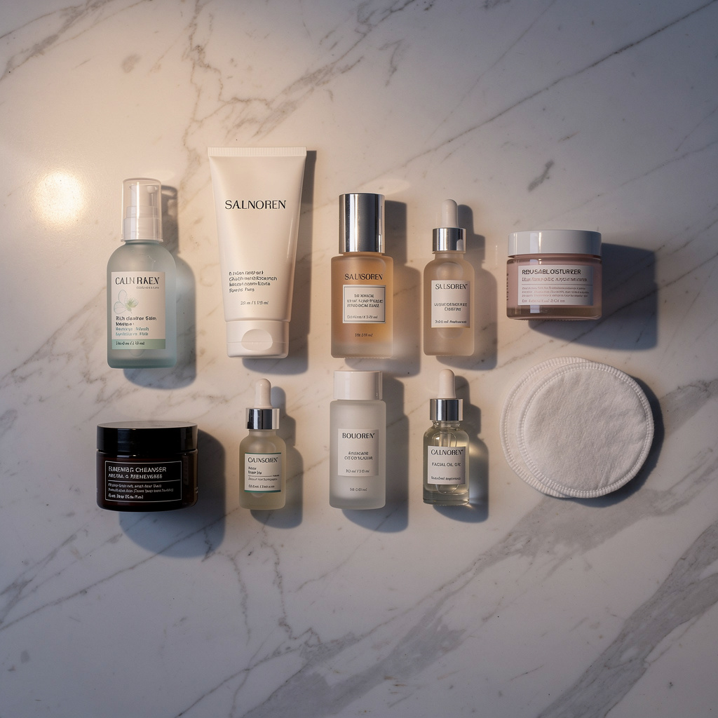 Organized nighttime skincare routine layout with cleansers, makeup removers, moisturizers and cotton pads arranged on a marble surface, spa-like aesthetic, top-down view