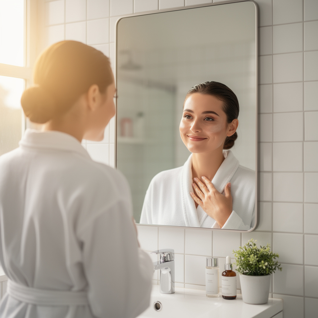 Woman with clean, glowing skin smiling in a bright bathroom mirror after completing nighttime skincare routine, fresh and healthy appearance, natural morning light