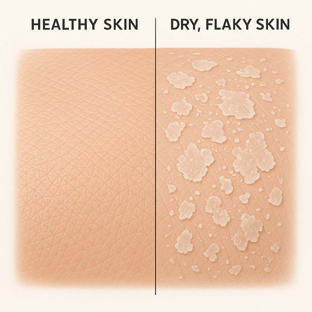 Close-up of healthy skin texture compared to dry flaky skin patches, educational medical illustration style with neutral lighting and clinical presentation