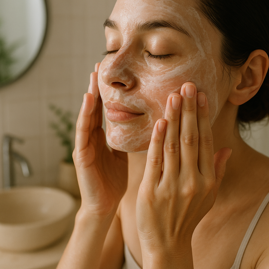 Hands gently applying creamy cleanser to face in bathroom setting, soft natural lighting, peaceful self-care moment with focus on gentle skincare technique