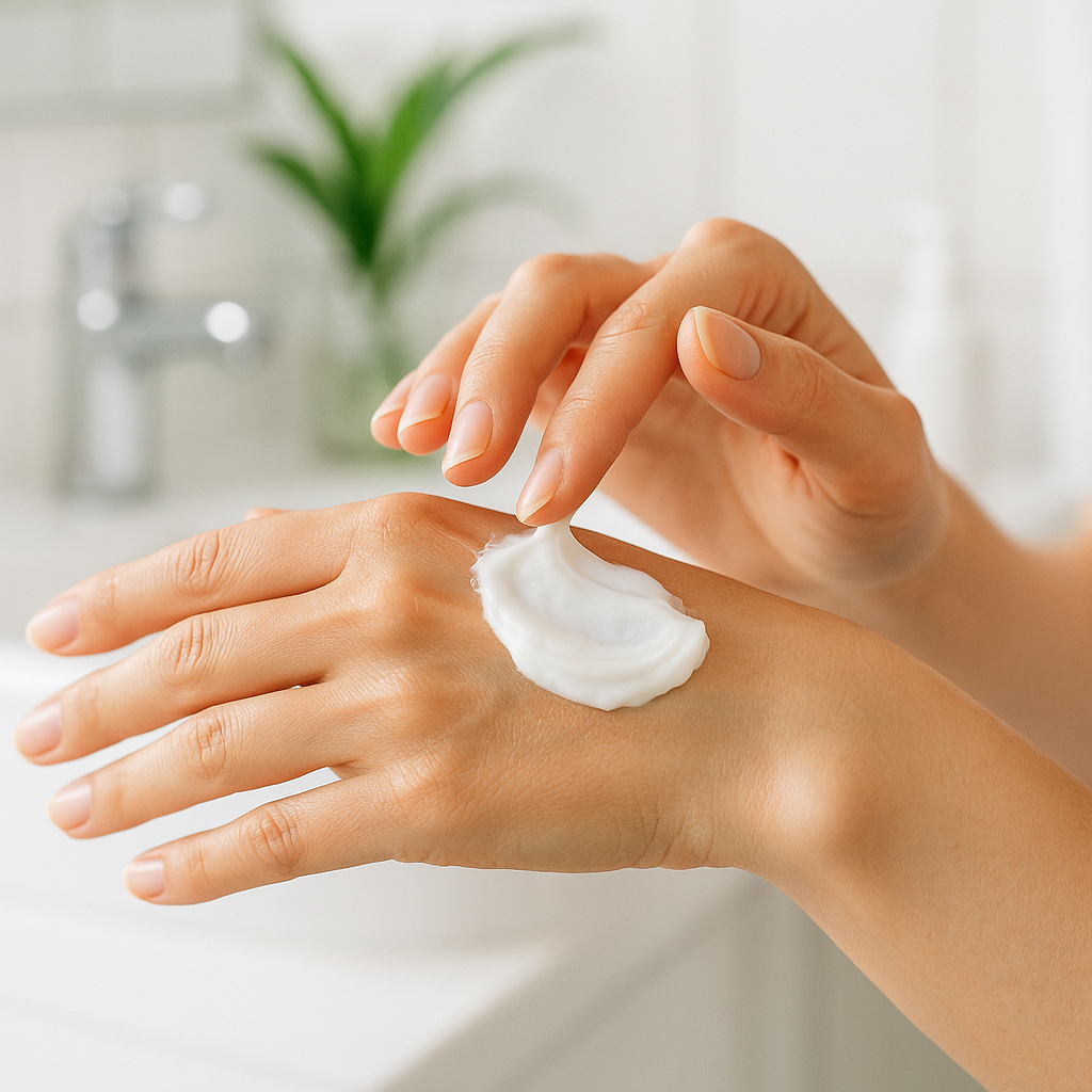 Person applying rich moisturizing cream to skin, close-up of hands with product texture visible, bright clean bathroom setting, emphasis on hydration and self-care