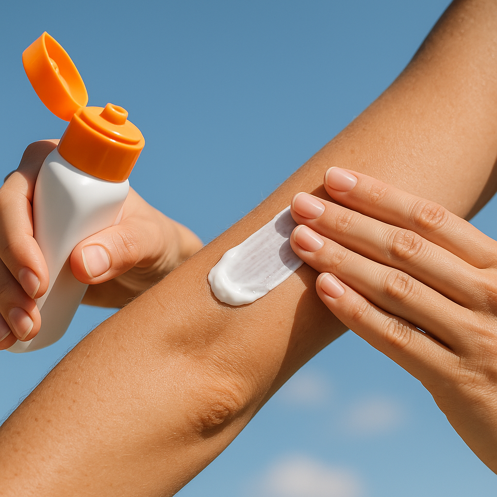 Hand applying sunscreen to arm outdoors, natural daylight setting, focus on sun protection and skincare, healthy lifestyle concept with blue sky background
