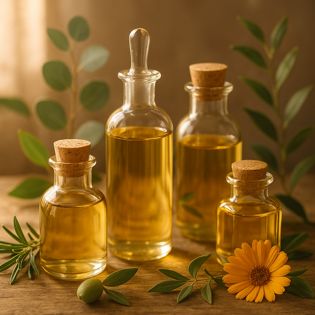 Natural plant oils in elegant glass bottles with botanical elements, warm natural lighting, spa aesthetic showcasing organic skincare and natural beauty treatments