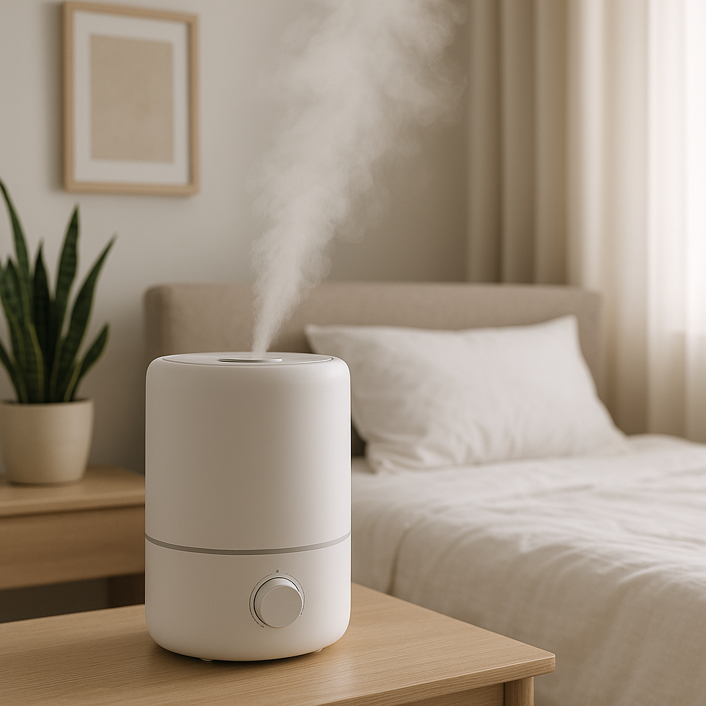 Modern humidifier releasing gentle mist in contemporary bedroom setting, peaceful atmosphere, focus on home wellness and healthy indoor environment for skin care