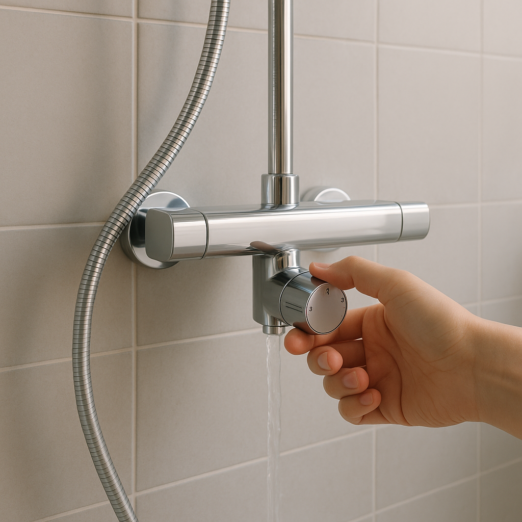 Person adjusting shower temperature control, modern bathroom fixture, emphasis on comfortable warm water rather than hot steam, healthy bathing habits concept