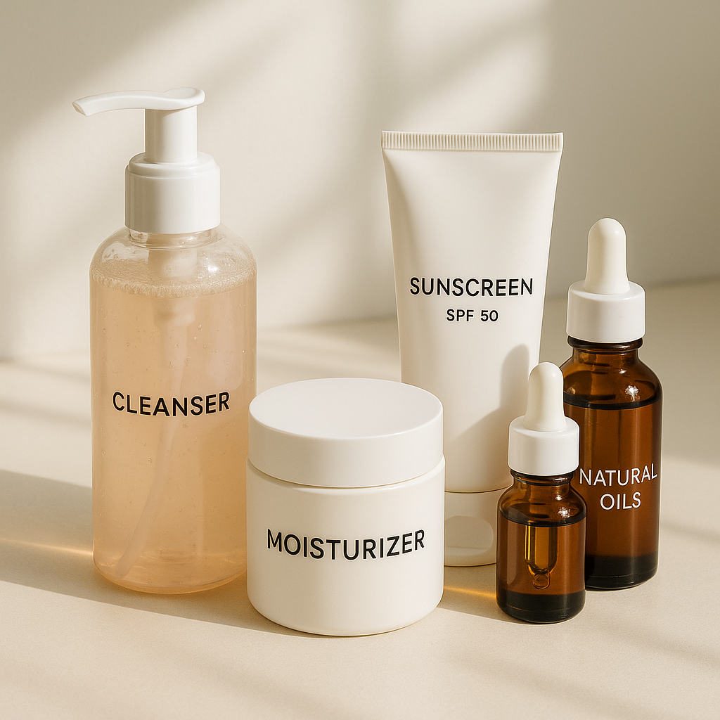 Collection of skincare products arranged aesthetically on clean surface, including cleanser, moisturizer, sunscreen, and natural oils, bright natural lighting, complete skincare routine concept