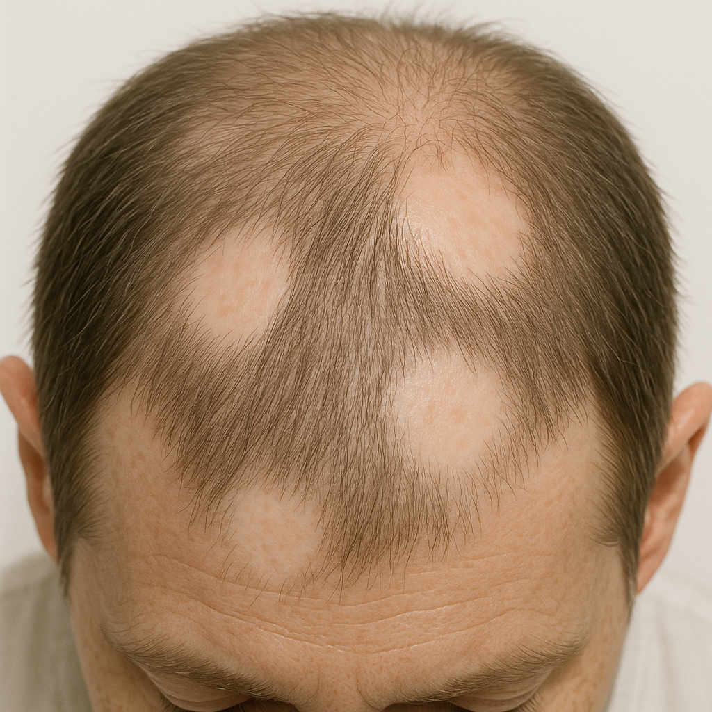 Scalp with patchy hair loss indicating mild alopecia areata, medical close-up, clinical and informative style