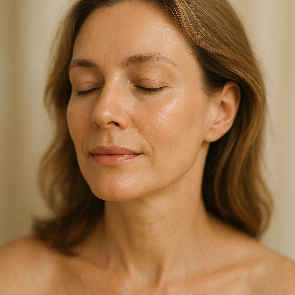 Close-up of a confident woman in her 40s with glowing, healthy skin, natural lighting, soft focus, serene and elegant aesthetic