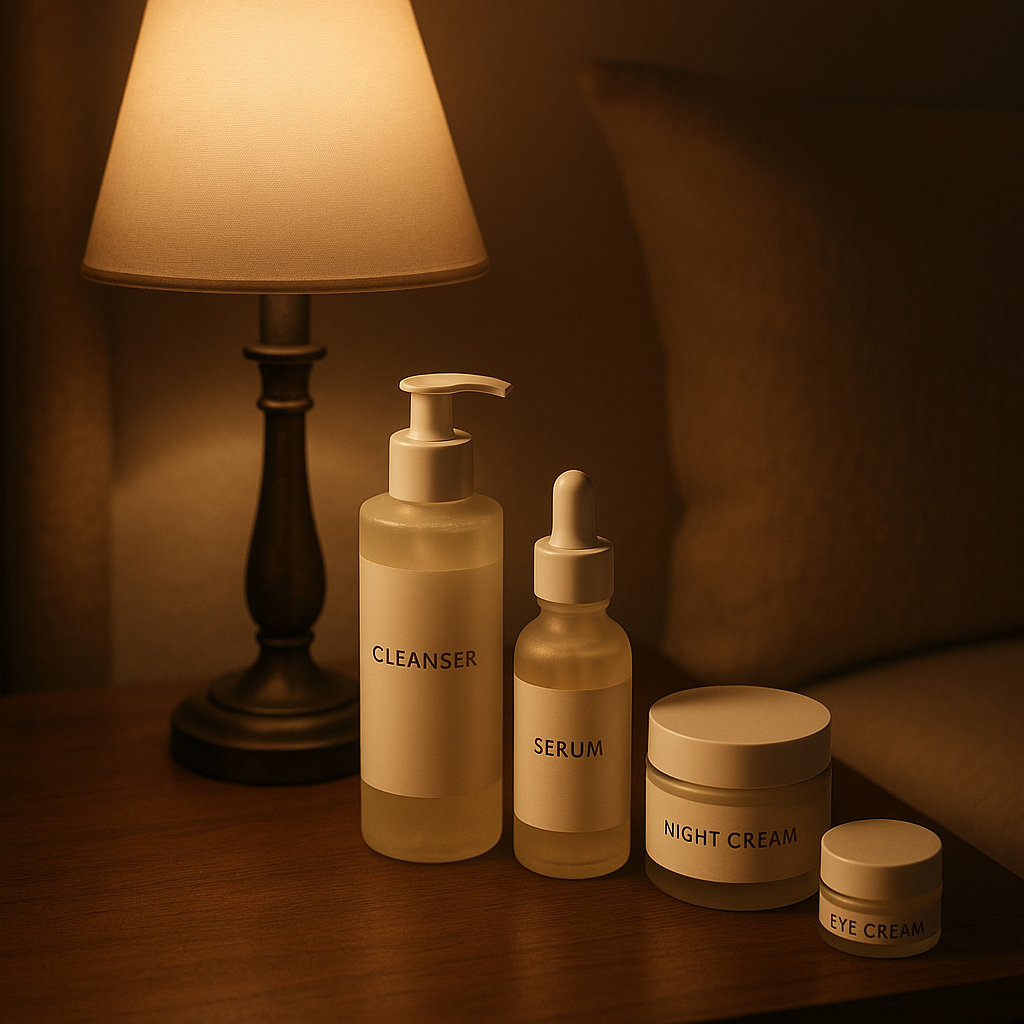 Nighttime skincare routine setup with cleanser, serum, night cream, and eye cream on a bedside table, warm ambient lighting, calm and luxurious mood