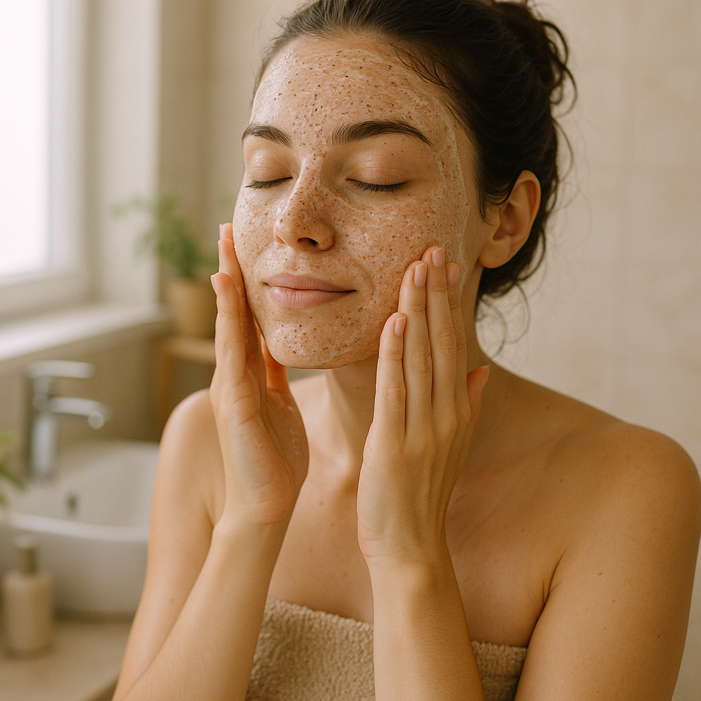 Woman applying a gentle exfoliating scrub to her face, bathroom setting, soft natural light, self-care and wellness theme