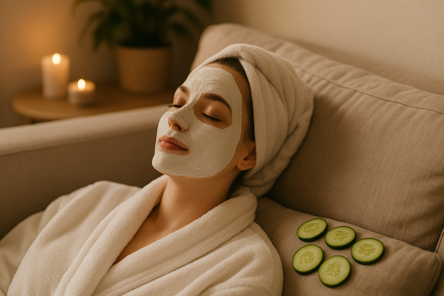 Woman relaxing with a hydrating face mask, lying on a couch with cucumber slices nearby, serene spa-like atmosphere, soft lighting
