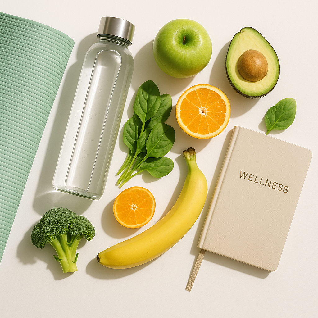 Healthy lifestyle flatlay with water bottle, fresh fruits and vegetables, yoga mat, and journal, bright and clean aesthetic, wellness and self-care theme