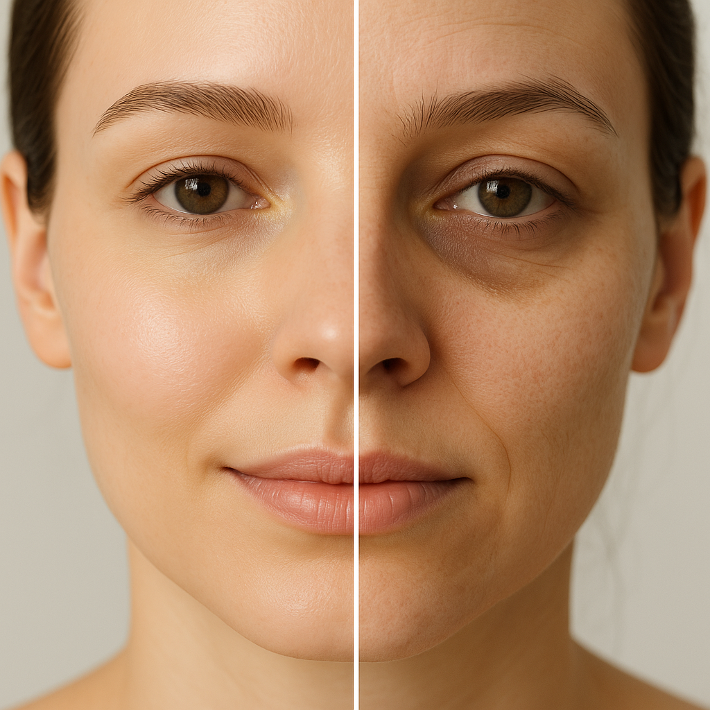 Close-up comparison of healthy, radiant facial skin versus tired skin with visible dark circles, soft natural lighting, clinical and educational presentation style