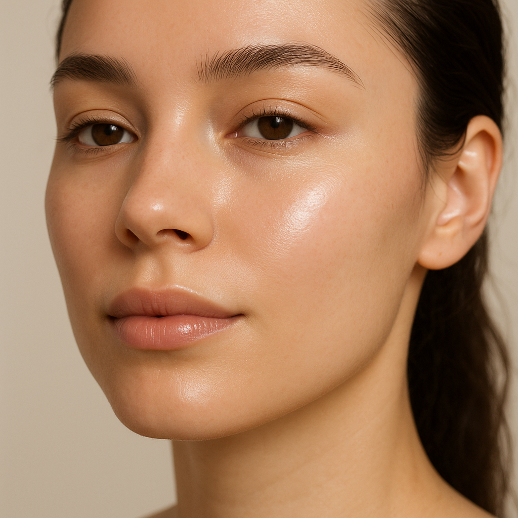 Close-up of healthy, glowing facial skin with natural radiance, smooth texture, and even tone, soft natural lighting, clean and professional aesthetic