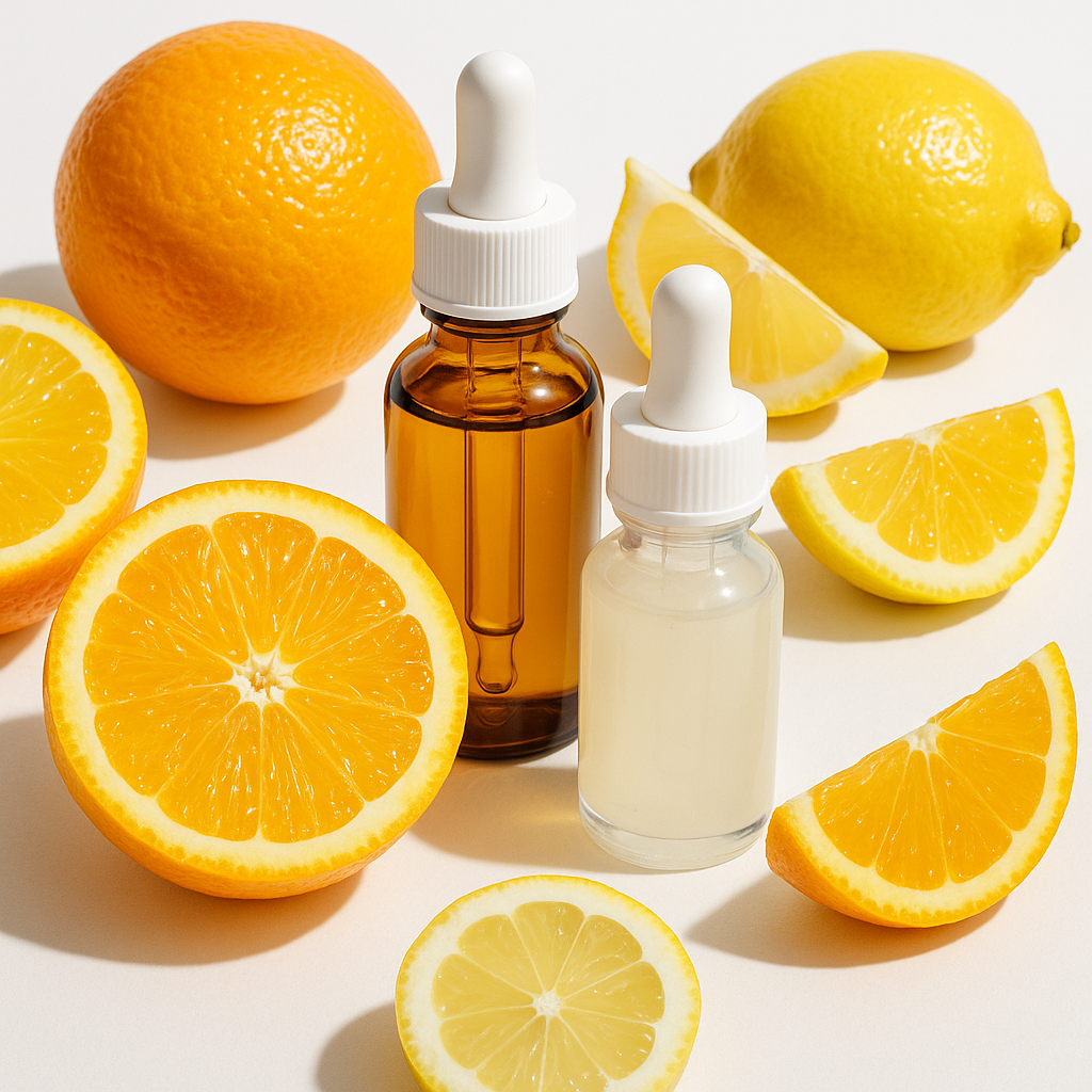 Fresh citrus fruits including oranges and lemons alongside skincare serum bottles on a clean white surface, bright and fresh aesthetic, emphasizing vitamin C for skincare