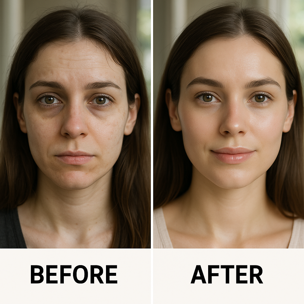 Before and after comparison of a person's face showing improved skin radiance and reduced dark circles, split-screen format, natural daylight, realistic photography style