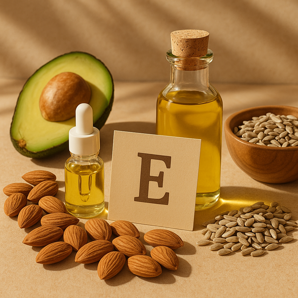 Natural sources of Vitamin E including almonds, avocado, and sunflower seeds arranged artistically with skincare oil bottles, warm natural lighting, health and wellness theme