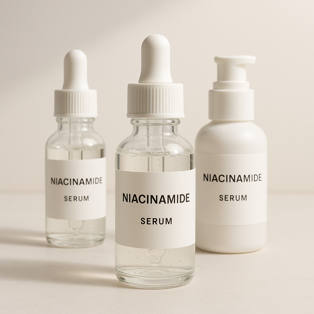 Modern skincare product bottles containing niacinamide serum on a minimalist background with soft diffused lighting, professional product photography style emphasizing clarity and purity