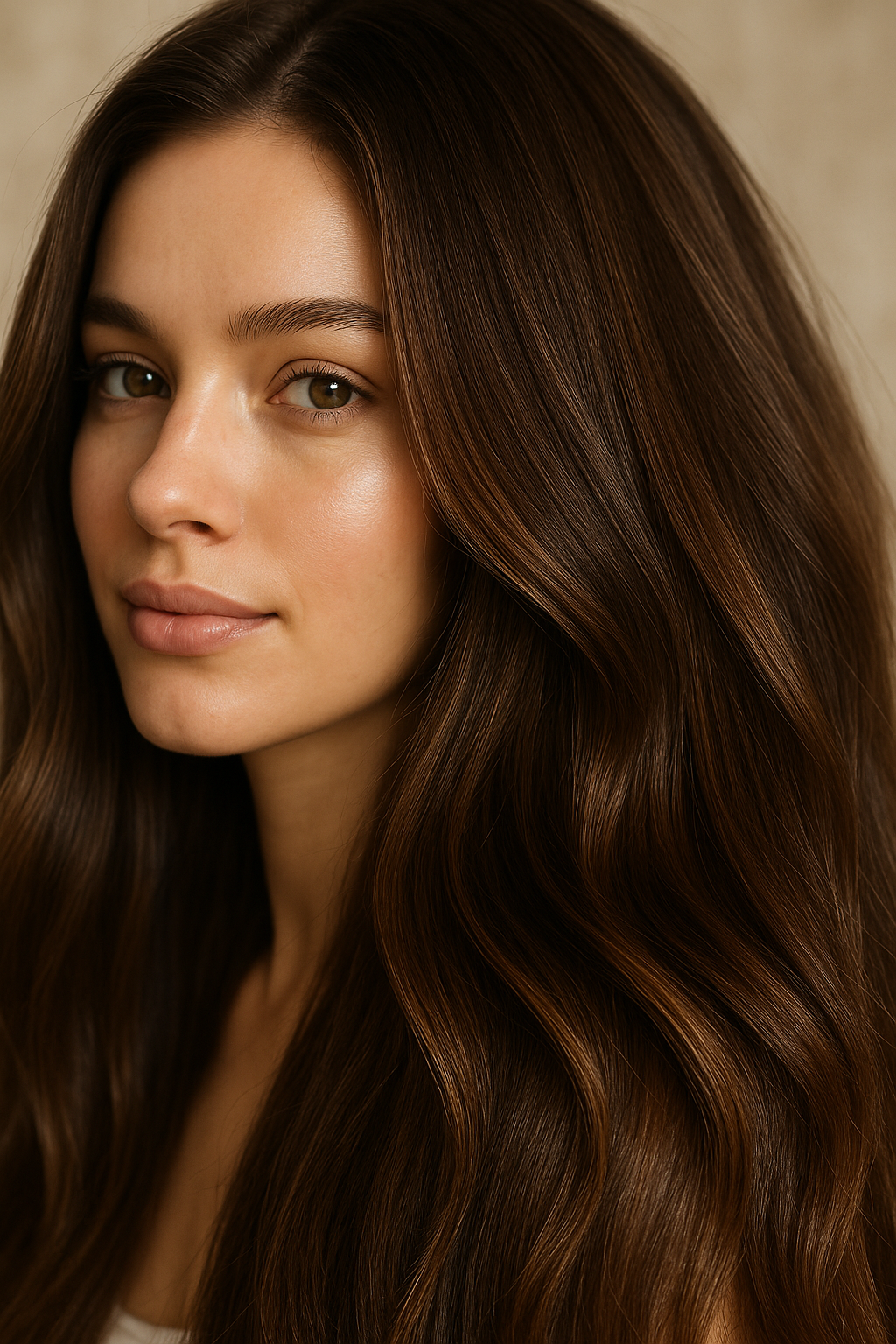 Healthy, shiny hair with visible volume and strength, close-up detail shot, natural lighting, beauty and wellness aesthetic