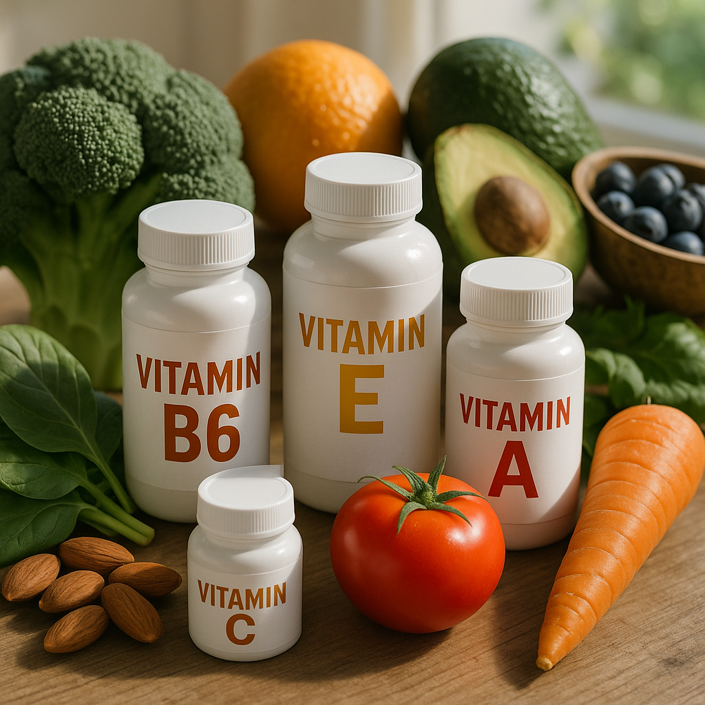 Variety of vitamin supplement bottles and fresh whole foods including vegetables, nuts, and fruits arranged on a wooden surface, natural daylight, emphasizing holistic nutrition for skin health