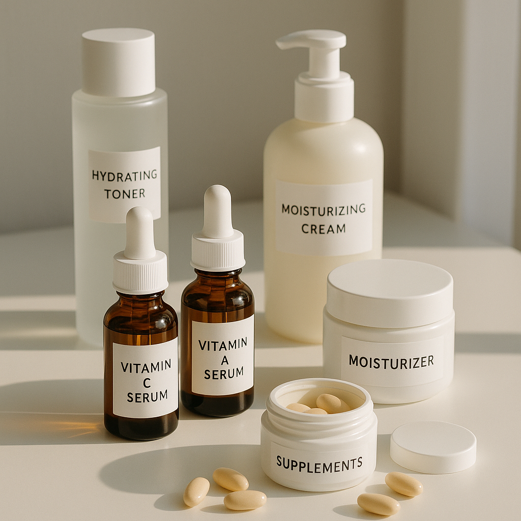 Organized skincare routine layout featuring vitamin serums, moisturizers, and supplements arranged on a clean vanity with morning light, minimalist and aspirational aesthetic